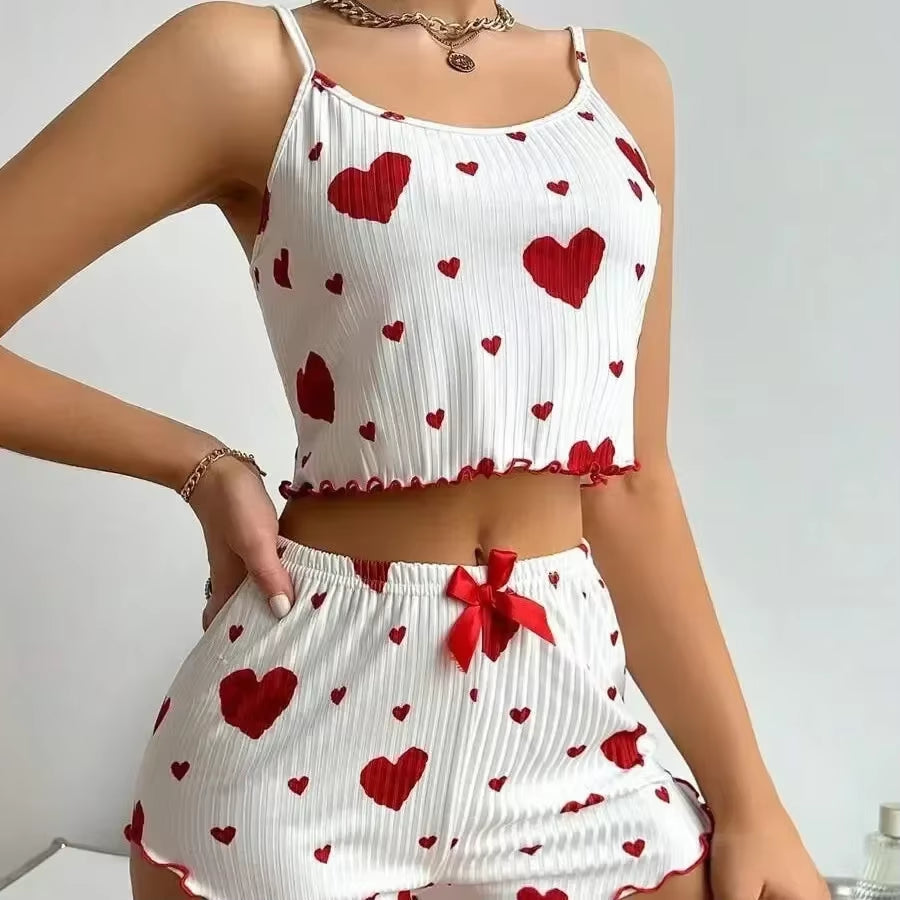 Summer Sleepwear Women Heart Print Relaxed Fit Pajama Set round Neck Backless Crop Cami Top and Shorts Set Loungewear
