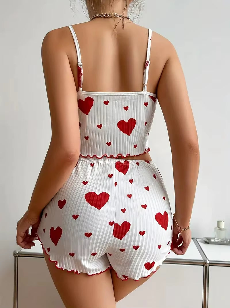 Summer Sleepwear Women Heart Print Relaxed Fit Pajama Set round Neck Backless Crop Cami Top and Shorts Set Loungewear