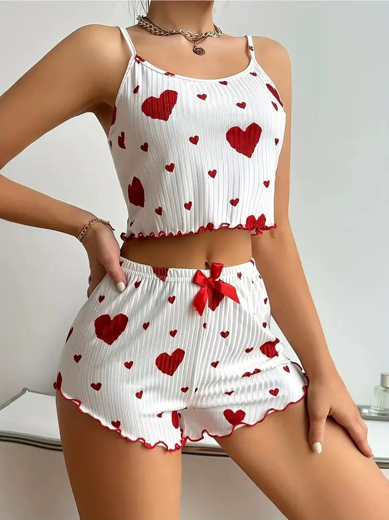 Summer Sleepwear Women Heart Print Relaxed Fit Pajama Set round Neck Backless Crop Cami Top and Shorts Set Loungewear
