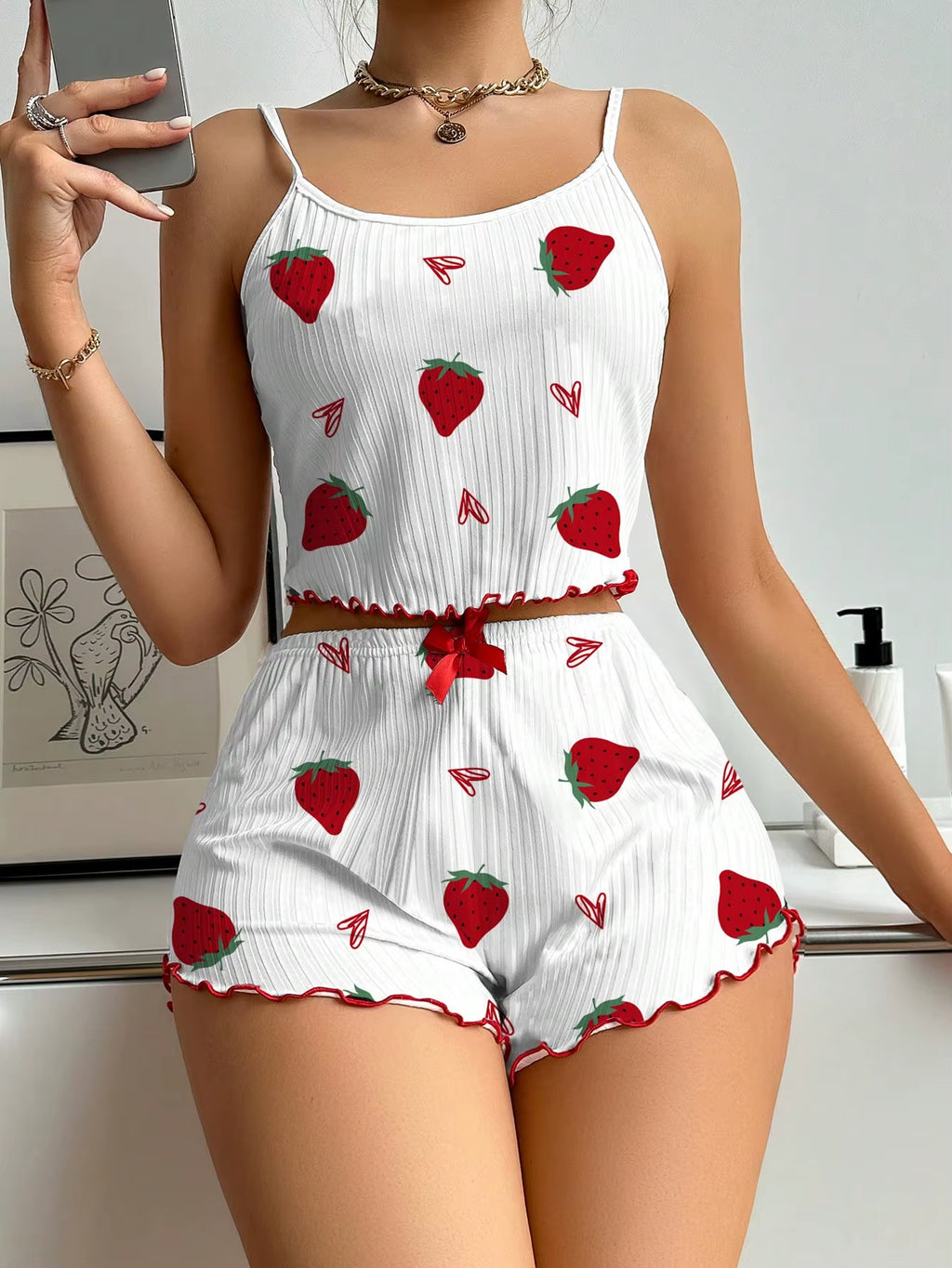 Summer Sleepwear Women Heart Print Relaxed Fit Pajama Set round Neck Backless Crop Cami Top and Shorts Set Loungewear