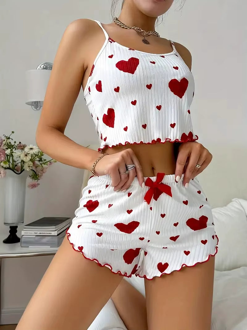 Summer Sleepwear Women Heart Print Relaxed Fit Pajama Set round Neck Backless Crop Cami Top and Shorts Set Loungewear