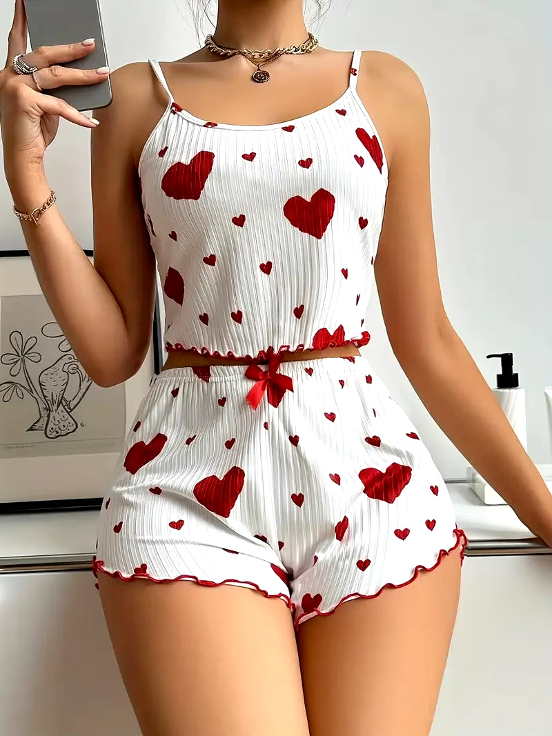 Summer Sleepwear Women Heart Print Relaxed Fit Pajama Set round Neck Backless Crop Cami Top and Shorts Set Loungewear