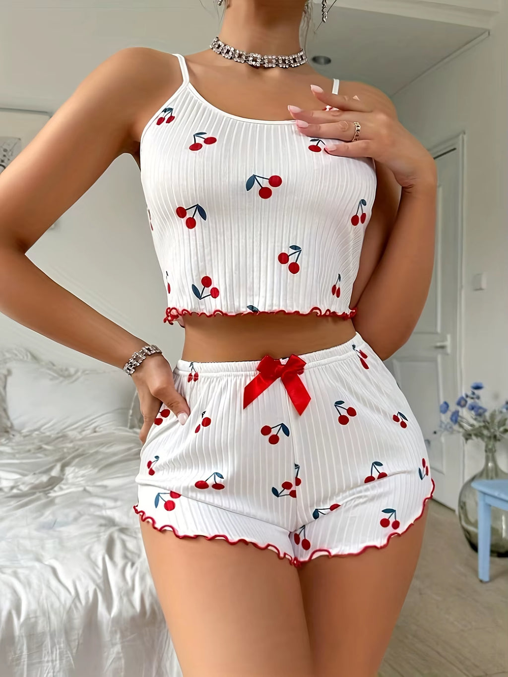 Summer Sleepwear Women Heart Print Relaxed Fit Pajama Set round Neck Backless Crop Cami Top and Shorts Set Loungewear