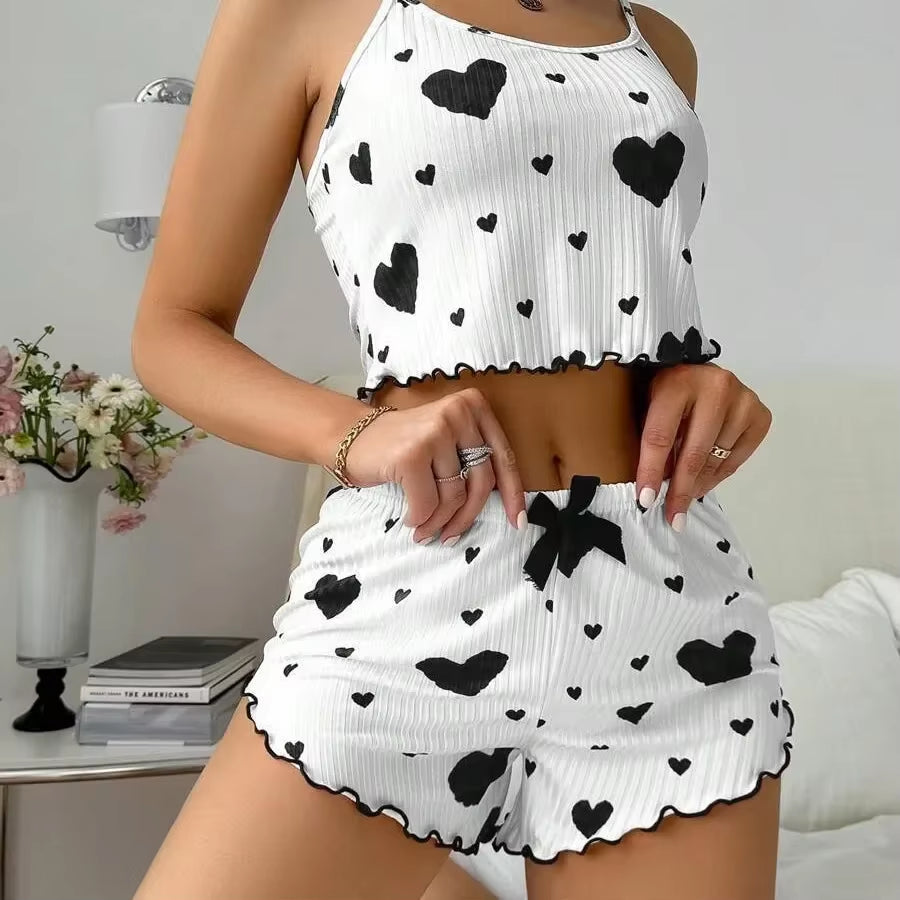 Summer Sleepwear Women Heart Print Relaxed Fit Pajama Set round Neck Backless Crop Cami Top and Shorts Set Loungewear