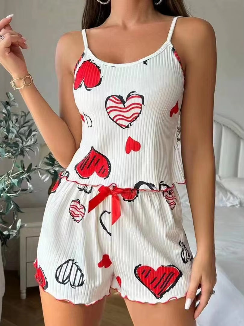 Summer Sleepwear Women Heart Print Relaxed Fit Pajama Set round Neck Backless Crop Cami Top and Shorts Set Loungewear