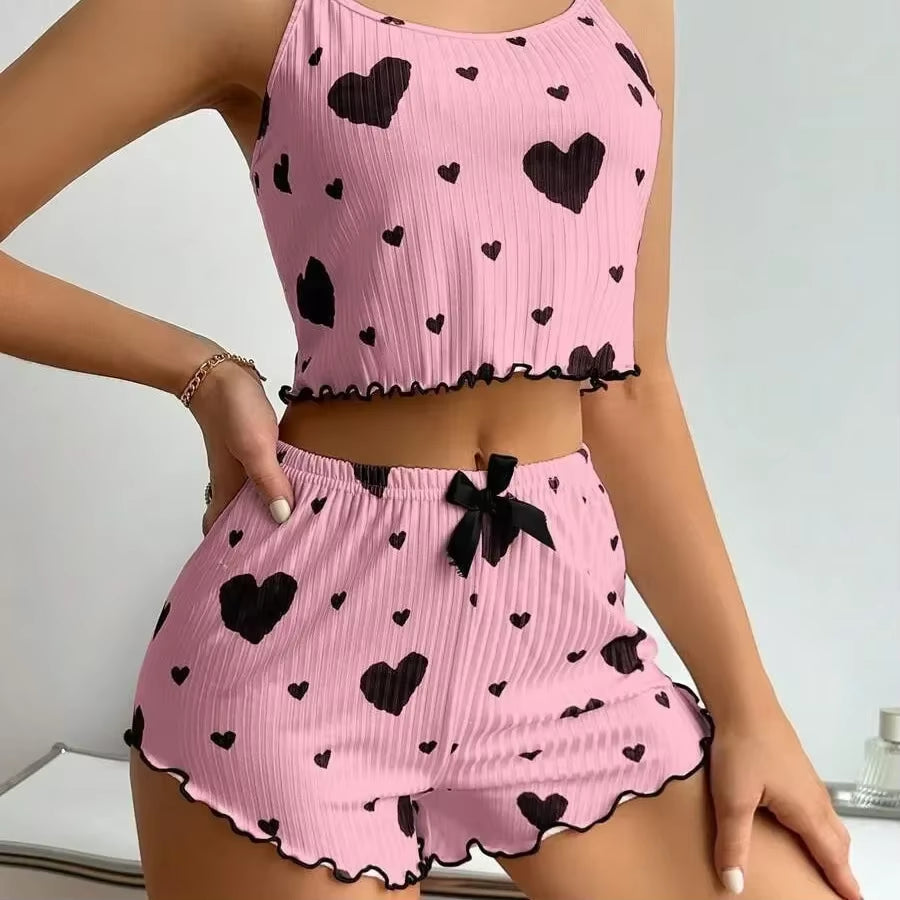 Summer Sleepwear Women Heart Print Relaxed Fit Pajama Set round Neck Backless Crop Cami Top and Shorts Set Loungewear